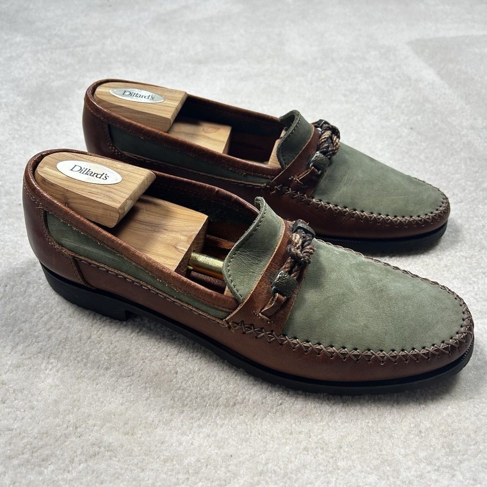 Bruno Magli Olive Green and Brown Leather Slip-On Loafers